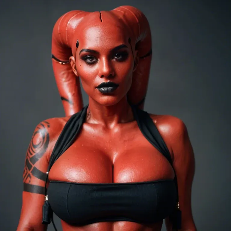 realistic, indian twi'lek, red skin black tattoos, huge sagging breasts, hyper black lips, black tube top