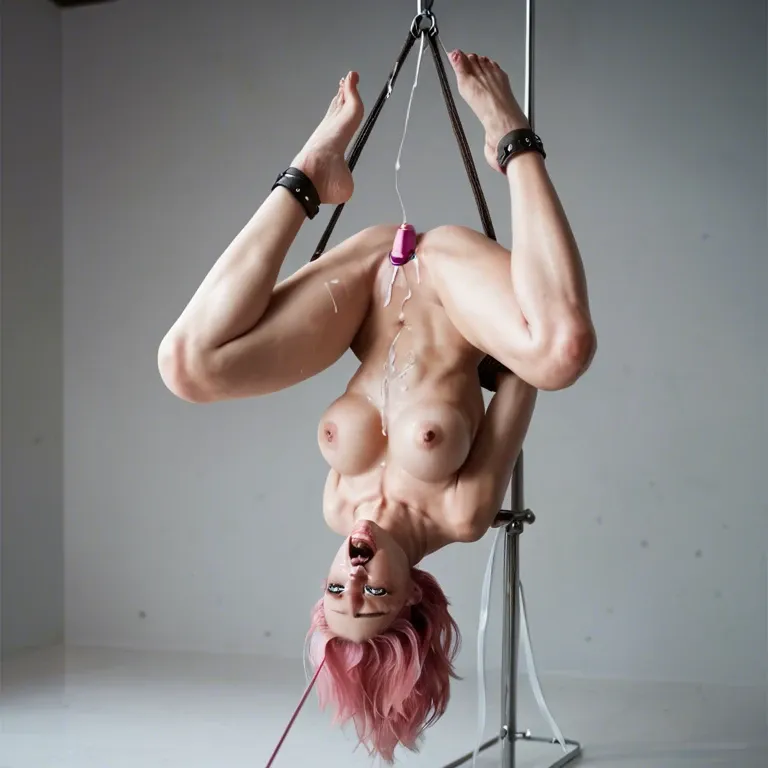 Bound, naked, bondage, upside_down, upside_down_bondage, bound_by_feet, crying, full_body, pink_hair, bdsm, covered_in_cum, vibrator, ahegao