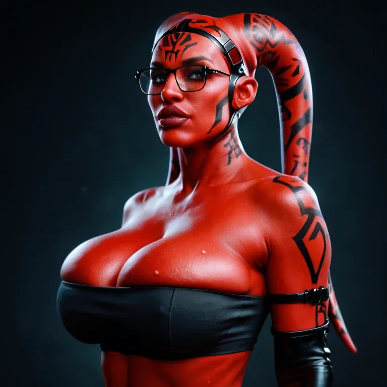 realistic, Darth talon, twi'lek, red skin, huge sagging breasts, hyper lips, thick rim glasses, indian, tube top