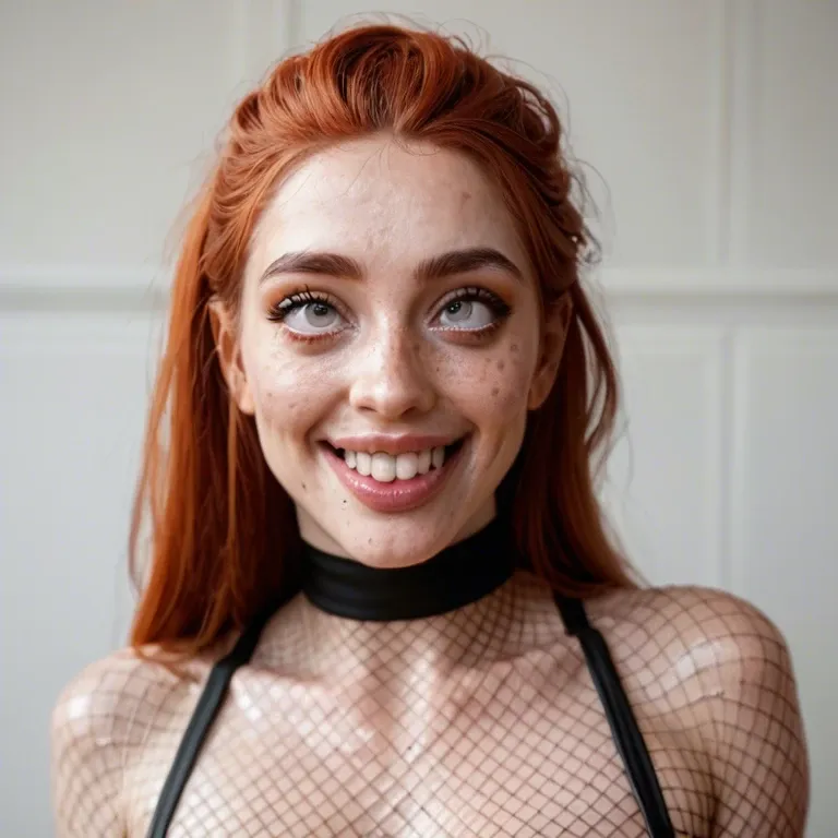 detailed face, extremely squint-eyed wide-eyed smiling ahegao orgasm, eyes rolling back, solo skinny pale natural redhead girl,  saggy tits, heavily freckled body, fishnet bodysuit, dildo in hairy pussy, bed, squirting