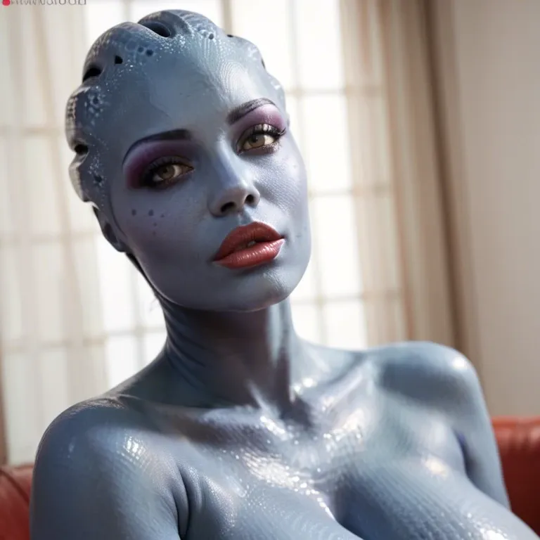 realistic, asari, blue skin, huge breasts, bimbo lips