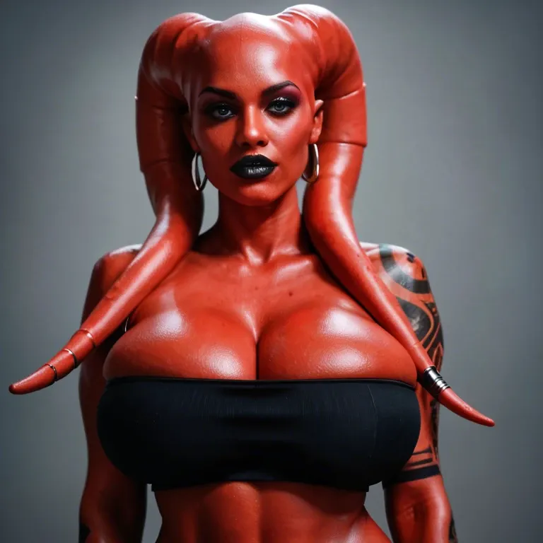 realistic, indian twi'lek, red skin black tattoos, huge sagging breasts, hyper black lips, black tube top