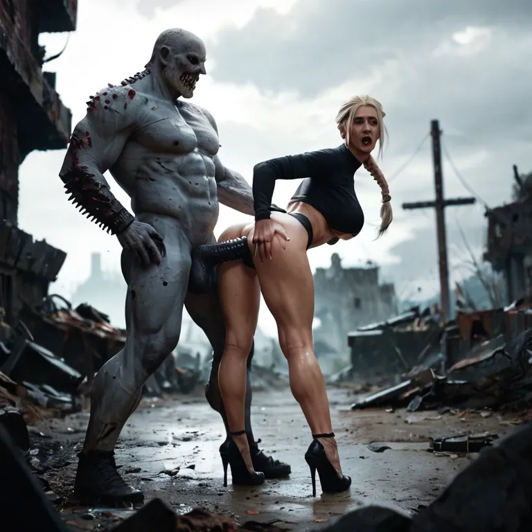 Blonde braided ponytail, big tits, ripped black clothes, high heels, apocalypse, undead zombie monster, giant spiked penis, anal sex, standing