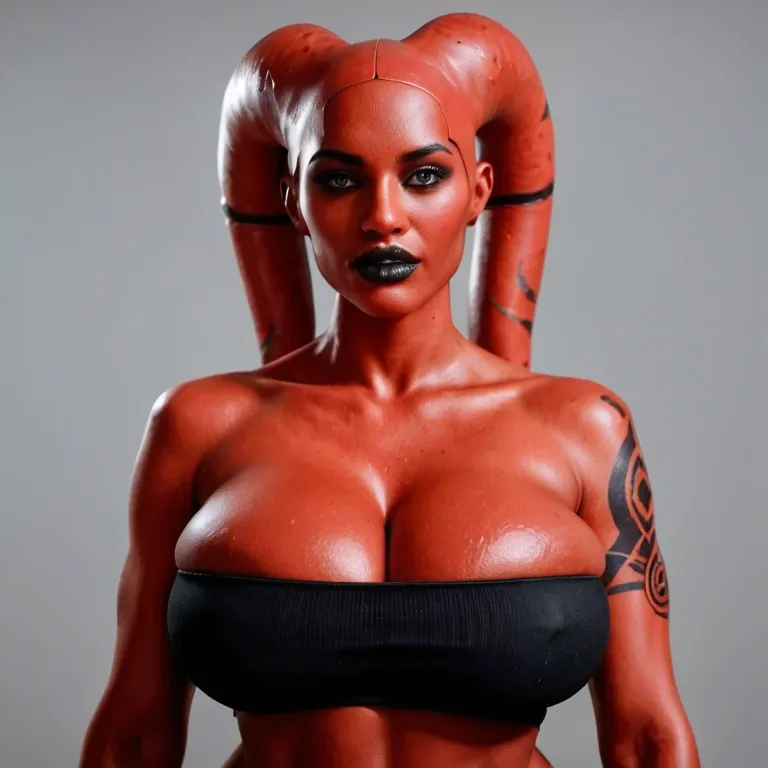 realistic, indian twi'lek, red skin black tattoos, huge sagging breasts, hyper black lips, black tube top