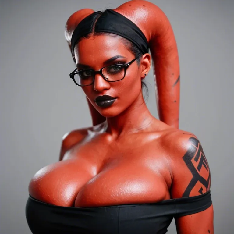 realistic, indian twi'lek, red skin black tattoos, huge sagging breasts, hyper black lips, thick black rim glasses, black tube top