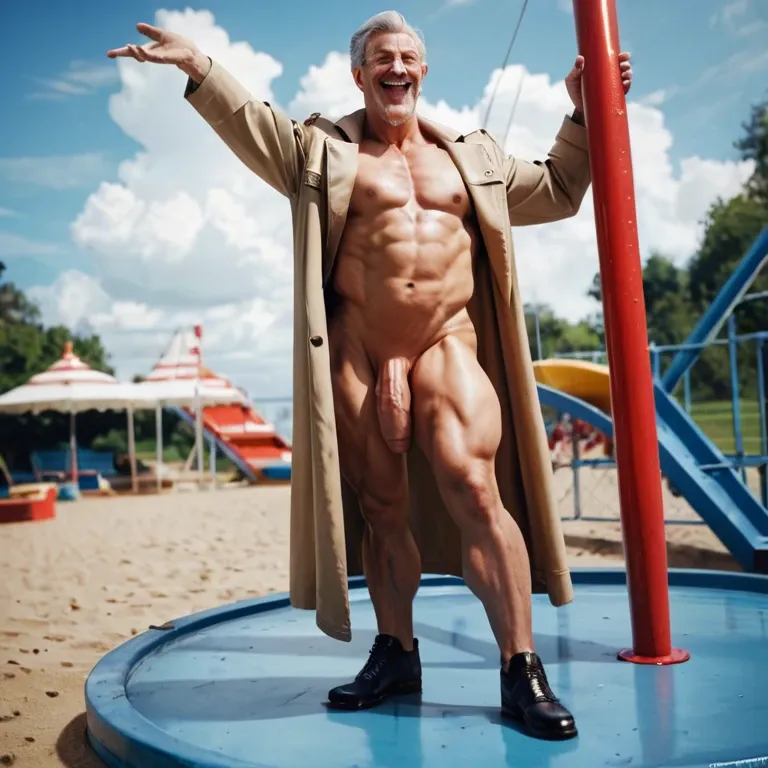 old male man wearing a trenchcoat and elegant shoes standing on a playground, thick thighs, athletic ass, large penis, standing naked, posing, legs spread, smiling, laughing, enjoying, full-body picture