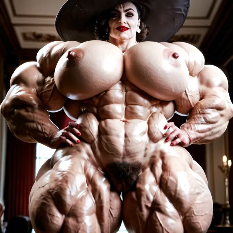 alcina dimitrescu, hyper massive muscles female, massive muscles, hyper gigantic massive muscles, massive muscles, hyper gigantic muscles, hyper gigant muscles, hyper giant muscles, hyper muscle tank, nude pectorales, hairy pussy, lingerie stockings