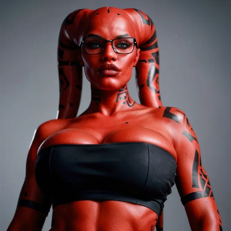 realistic, Darth talon, twi'lek, red skin, huge sagging breasts, hyper lips, thick rim glasses, indian, tube top, cone ears