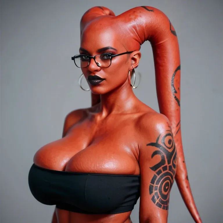 realistic, indian twi'lek, red skin black tattoos, huge sagging breasts, hyper black lips, thick black rim glasses, black tube top