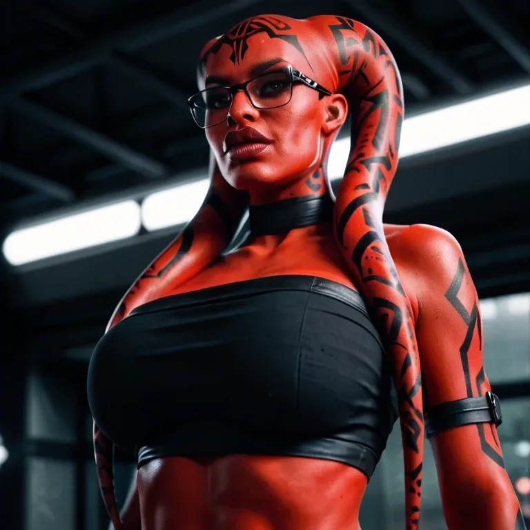 realistic, Darth talon, twi'lek, red skin, huge sagging breasts, hyper lips, thick rim glasses, indian, tube top