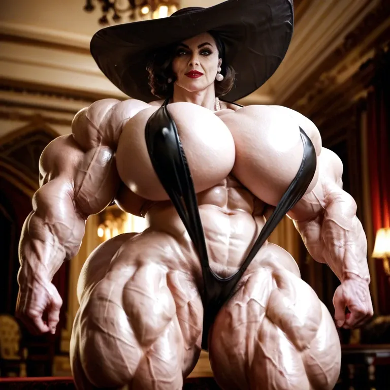 alcina dimitrescu, hyper massive muscles female, hyper gigantic massive muscles, massive muscles, hyper gigantic muscles, hyper gigant muscles, hyper giant muscles, hyper muscle tank, nude pectorales, hairy pussy, sling bikini