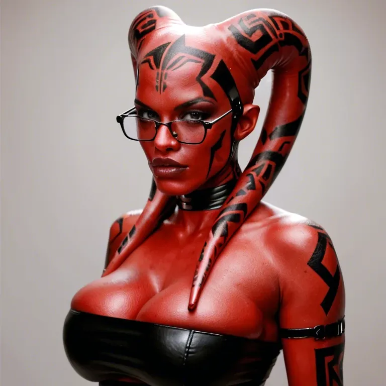 realistic, Darth talon, twi'lek, red skin, huge sagging breasts, hyper lips, thick rim glasses, indian, tube top