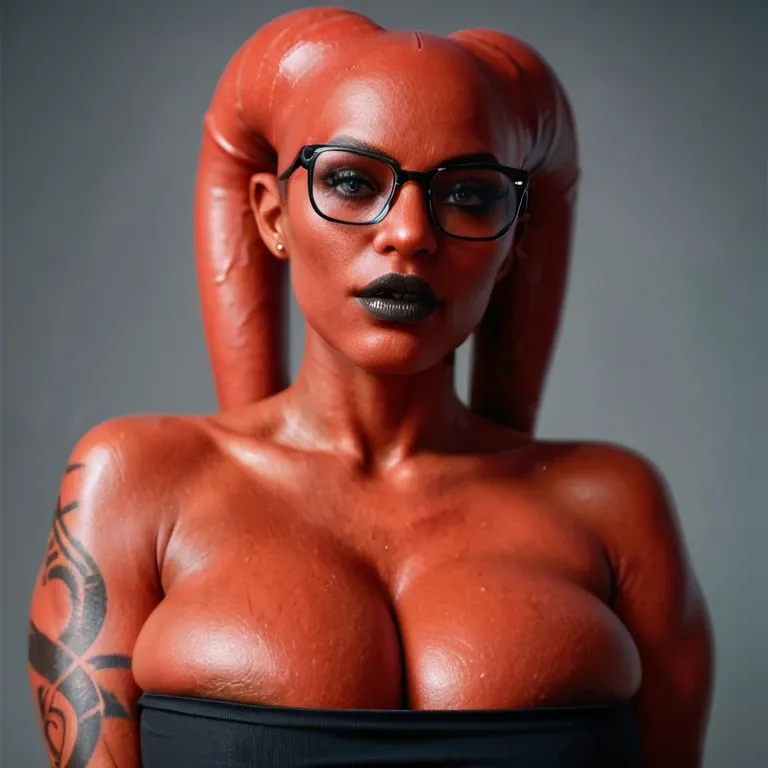 realistic, indian twi'lek, red skin black tattoos, huge sagging breasts, hyper black lips, thick black rim glasses, black tube top