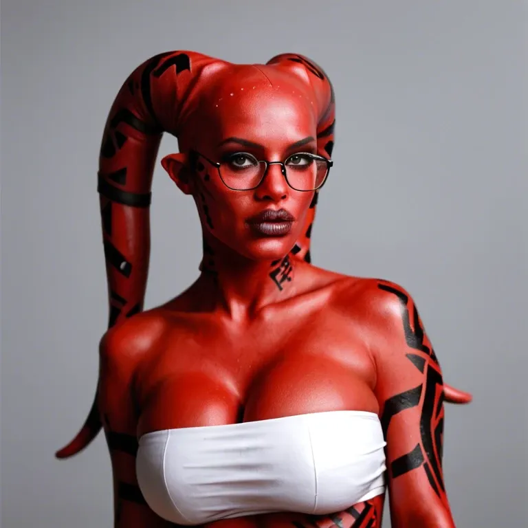 realistic, Darth talon, twi'lek, red skin, huge sagging breasts, hyper lips, thick rim glasses, indian, tube top