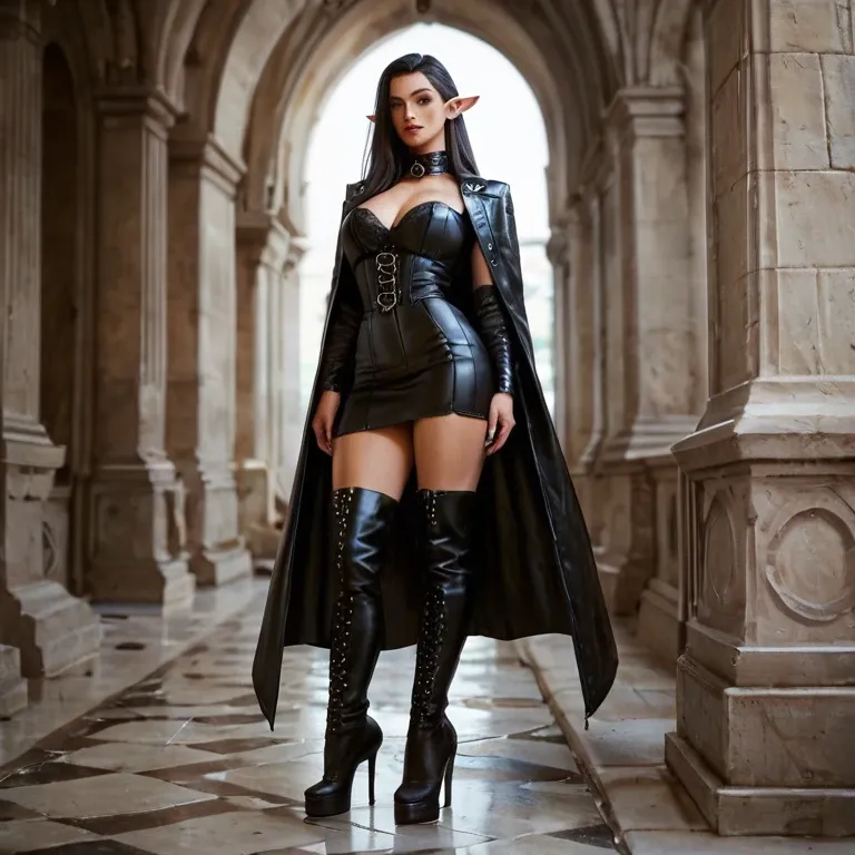 A tall female elf long dark hair, wearing a black clothing from leather stripes, and high heels long Boots ,looking straight