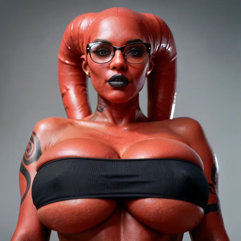 realistic, indian twi'lek, red skin black tattoos, huge sagging breasts, hyper black lips, thick black rim glasses, black tube top