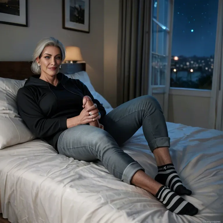 milf handjob, guy, pants, hoodie, ankle socks, bed, night