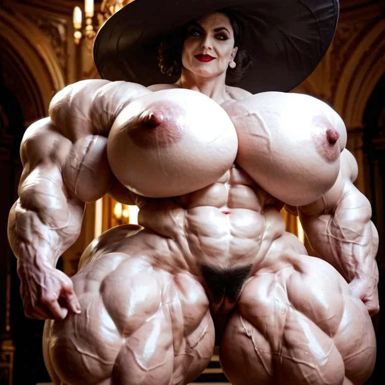 alcina dimitrescu, hyper massive muscles female, massive muscles, hyper gigantic massive muscles, massive muscles, hyper gigantic muscles, hyper gigant muscles, hyper giant muscles, hyper muscle tank, nude pectorales, hairy pussy, sling bikini