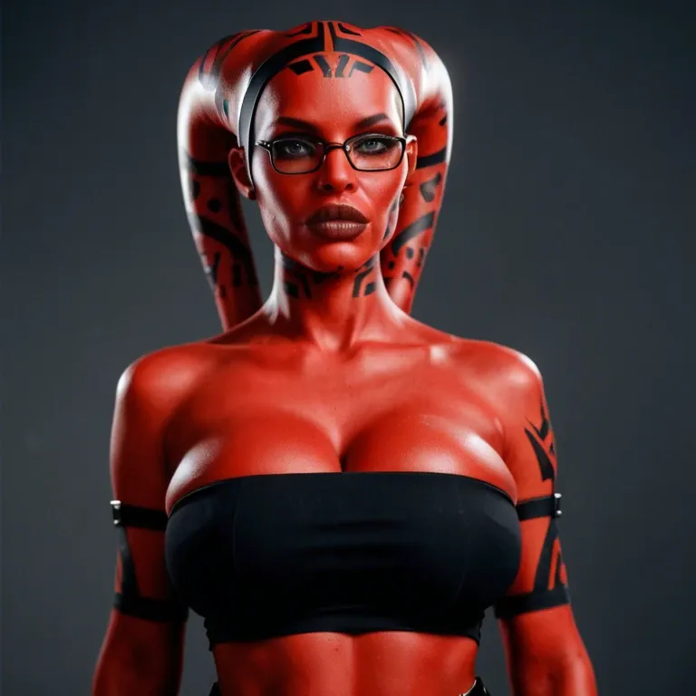 realistic, Darth talon, twi'lek, red skin, huge sagging breasts, hyper lips, thick rim glasses, indian, tube top