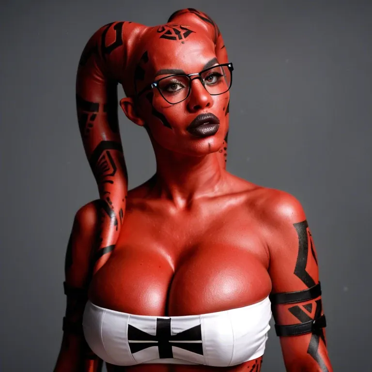 realistic, Darth talon, twi'lek, red skin, huge sagging breasts, hyper lips, thick rim glasses, indian, tube top