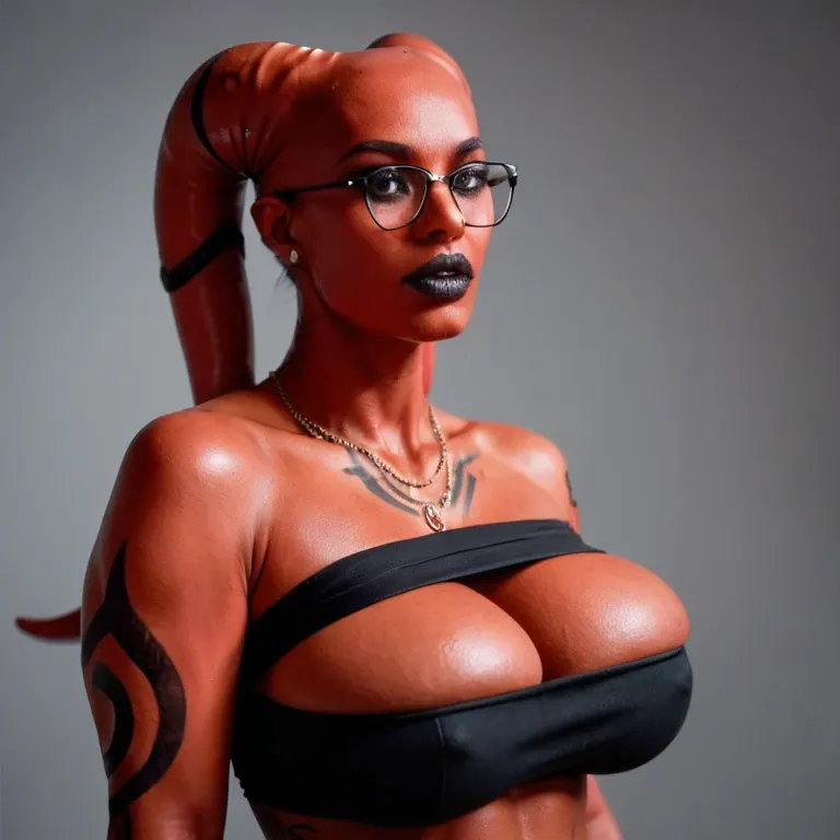 realistic, indian twi'lek, red skin black tattoos, huge sagging breasts, hyper black lips, thick black rim glasses, black tube top