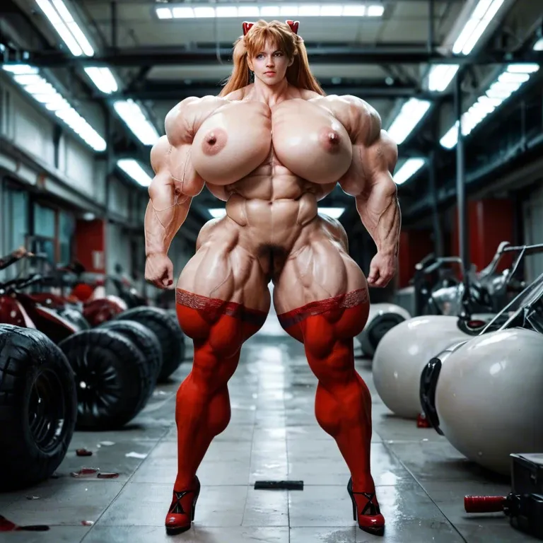 Asuka Langley From Evangelion, hyper massive muscles female, hyper gigantic massive muscles, massive muscles, hyper gigantic muscles, hyper gigant muscles, hyper giant muscles, hyper muscle tank, nude pectorales, hairy pussy, lingerie stockings