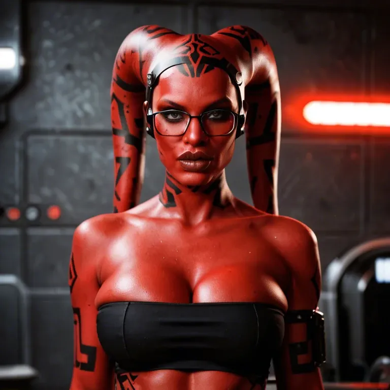 realistic, Darth talon, twi'lek, red skin, huge sagging breasts, hyper lips, thick rim glasses, indian, tube top