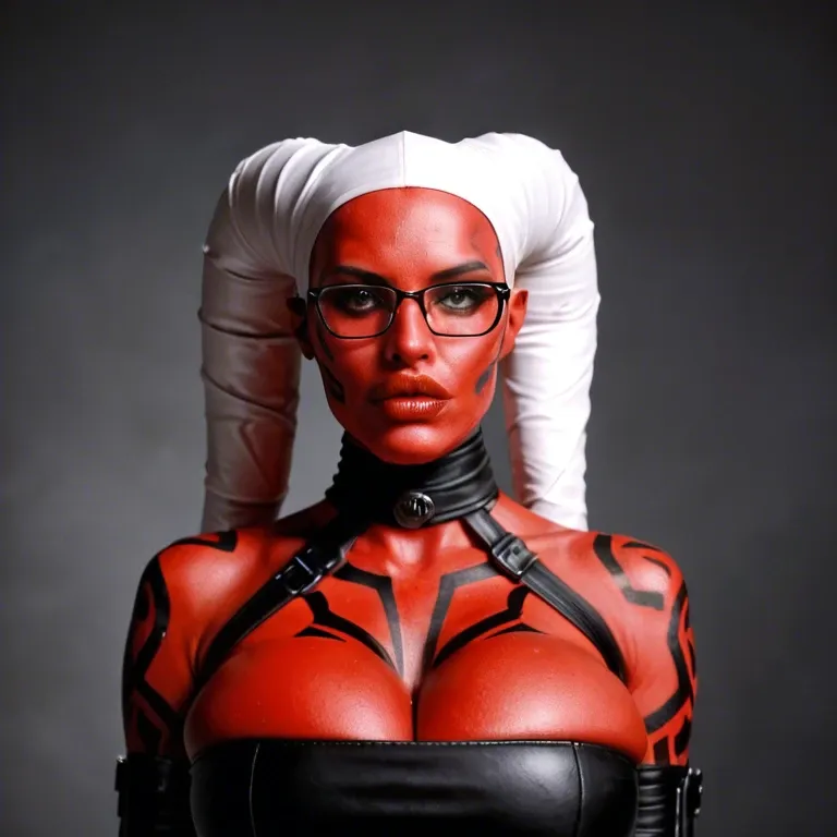 realistic, Darth talon, twi'lek, red skin, huge sagging breasts, hyper lips, thick rim glasses, indian, tube top, cone ears