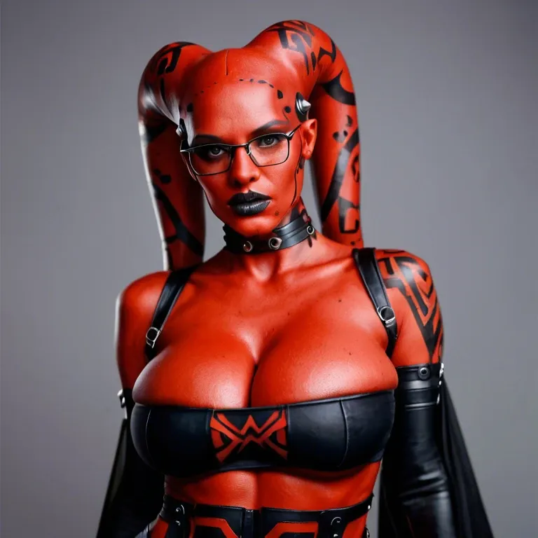 realistic, Darth talon, twi'lek, red skin, huge sagging breasts, hyper lips, thick rim glasses, indian, tube top