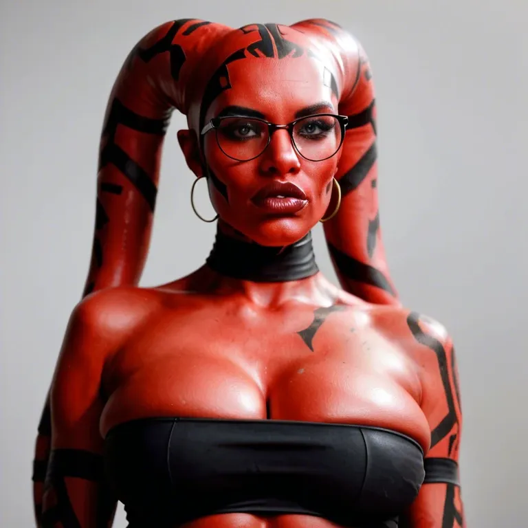 realistic, Darth talon, twi'lek, red skin, huge sagging breasts, hyper lips, thick rim glasses, indian, tube top