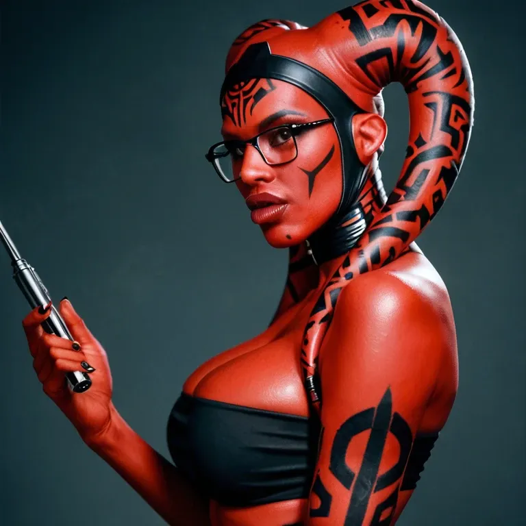 realistic, Darth talon, twi'lek, red skin, huge sagging breasts, hyper lips, thick rim glasses, indian, tube top, cone ears