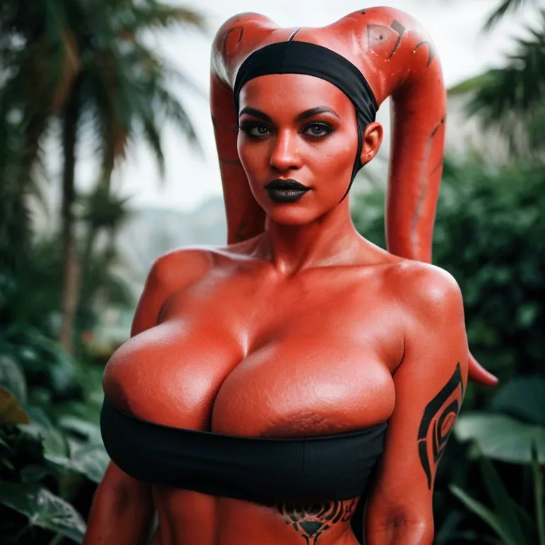 realistic, indian twi'lek, red skin black tattoos, huge sagging breasts, hyper black lips, black tube top