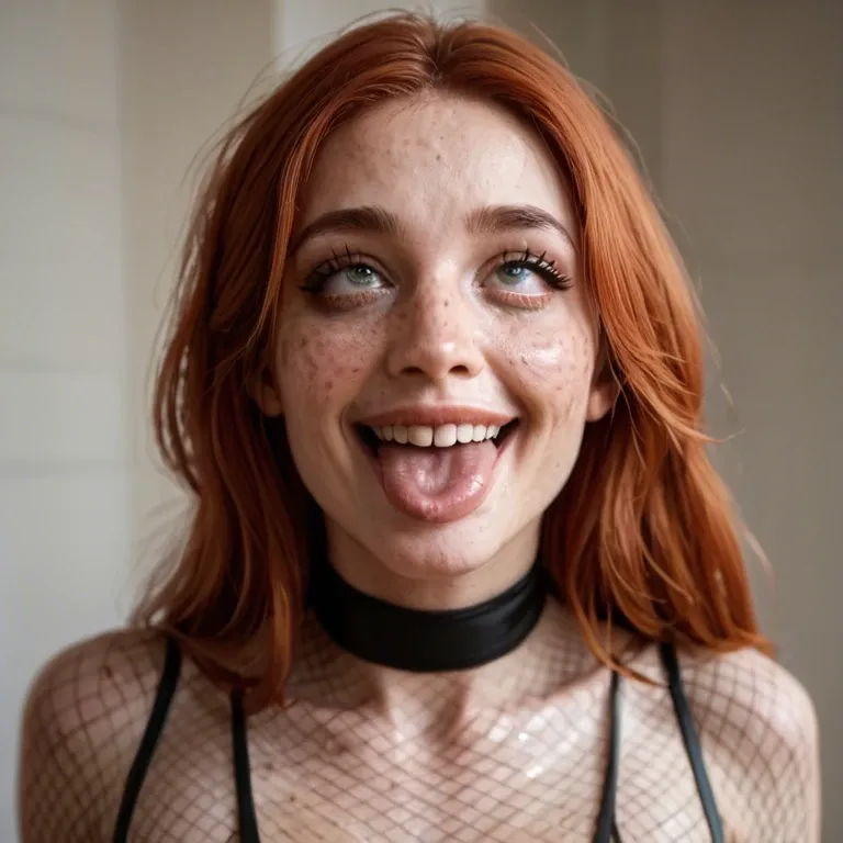 detailed face, extremely squint-eyed wide-eyed smiling ahegao orgasm, eyes rolling back, solo skinny pale natural redhead girl,  saggy tits, heavily freckled body, fishnet bodysuit, dildo in hairy pussy, bed, squirting