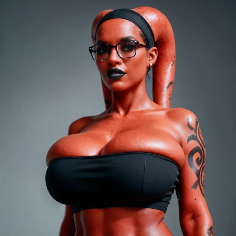 realistic, indian twi'lek, red skin black tattoos, huge sagging breasts, hyper black lips, thick black rim glasses, black tube top