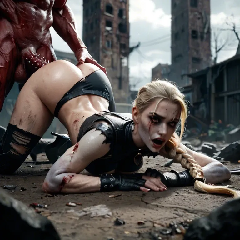 Blonde braided ponytail, big tits, ripped clothes, high heels, apocalypse, undead, zombie monster, spiked penis, anal sex, ass up