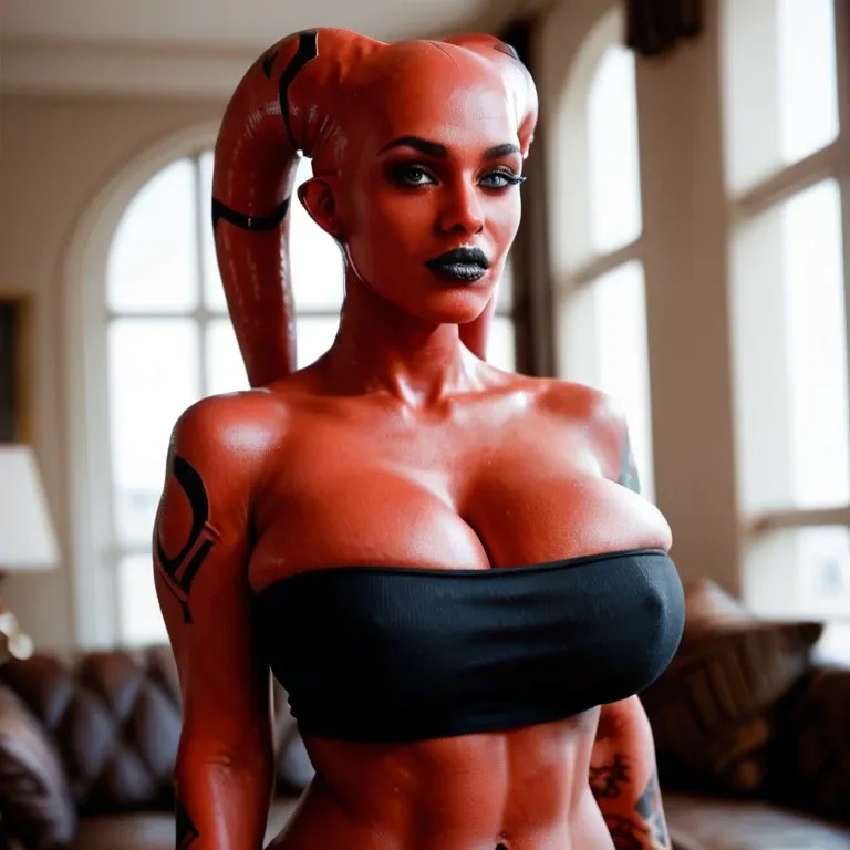 realistic, indian twi'lek, red skin black tattoos, huge sagging breasts, hyper black lips, black tube top