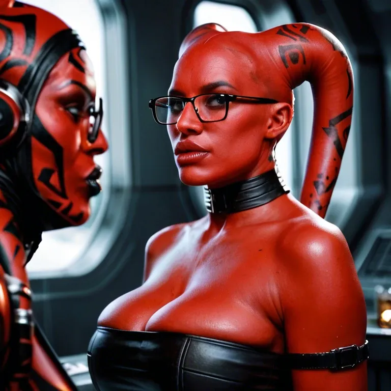 realistic, Darth talon, twi'lek, red skin, huge sagging breasts, hyper lips, thick rim glasses, indian, tube top, cone ears