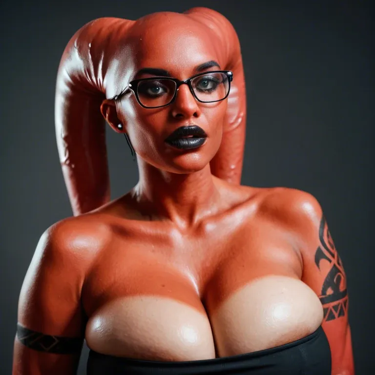 realistic, indian twi'lek, red skin black tattoos, huge sagging breasts, hyper black lips, thick black rim glasses, black tube top