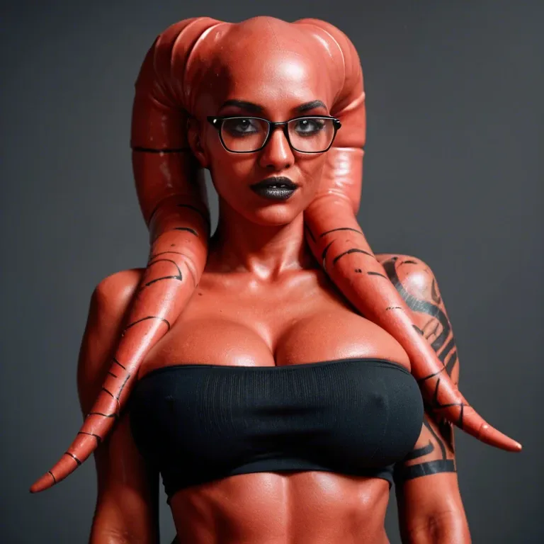 realistic, indian twi'lek, red skin black tattoos, huge sagging breasts, hyper black lips, thick black rim glasses, black tube top