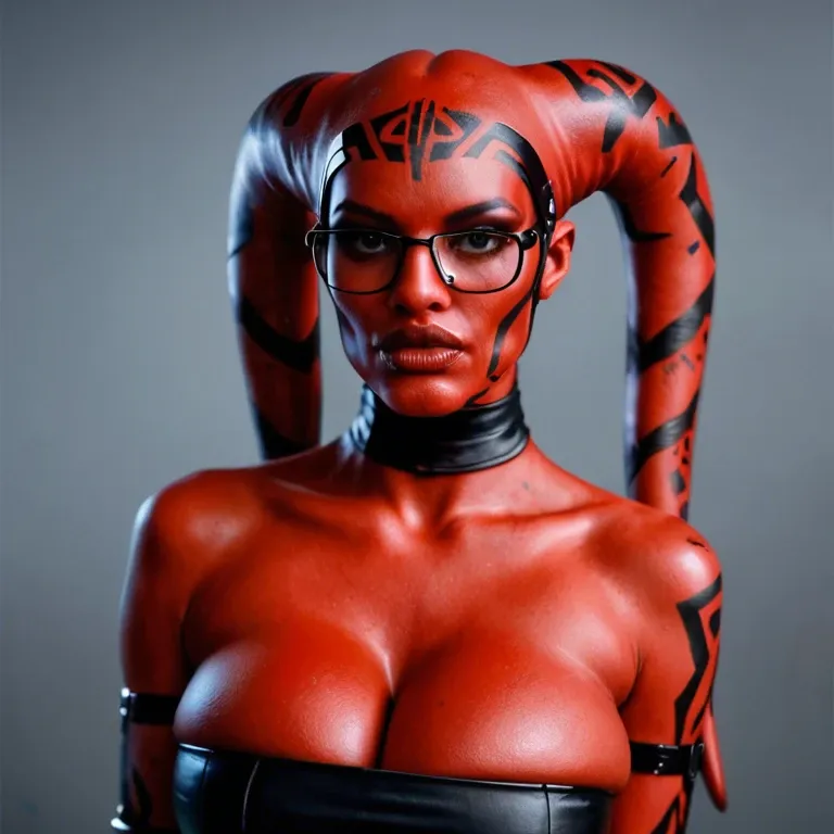 realistic, Darth talon, twi'lek, red skin, huge sagging breasts, hyper lips, thick rim glasses, indian, tube top