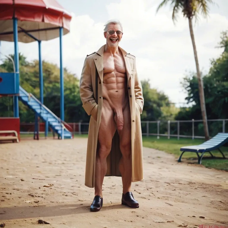 Old male man wearing a trenchcoat and elegant shoes, standing on a playground, thick thighs, athletic ass, large penis, standing naked, posing, legs spread, smiling, laughing, enjoying, full-body picture