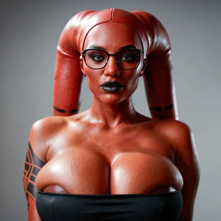 realistic, indian twi'lek, red skin black tattoos, huge sagging breasts, hyper black lips, thick black rim glasses, black tube top