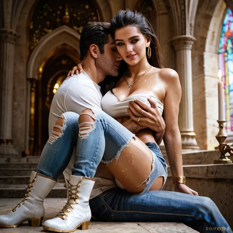 1girl,1boy, , , , strong jawline,bodycam footage,medium breasts,hugging breasts,purple necklace, torn jeans,gold anklets,rings,wet panties,white boots, no skirt,palace bedroom,gold jewelry,corset piercing,stiletto heels, bedroom, on the street, spaceship, phone, anime, sunlight, anna, rapunzel waifu