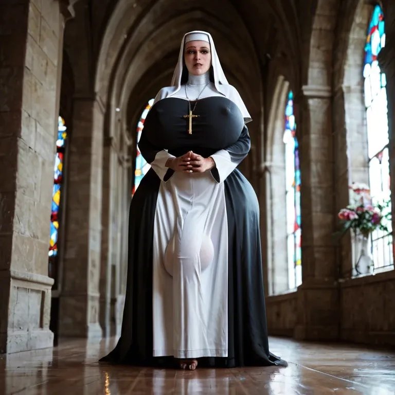 Nun,Huge ass, wide hips, thick thighs, huge breasts,breasts bigger than head, futanari , massive cock, huge balls ,flaccid,  huge bulge, ankle long skirt, full body view, standing, praying, , leaking cum on floor, standing in cum puddle