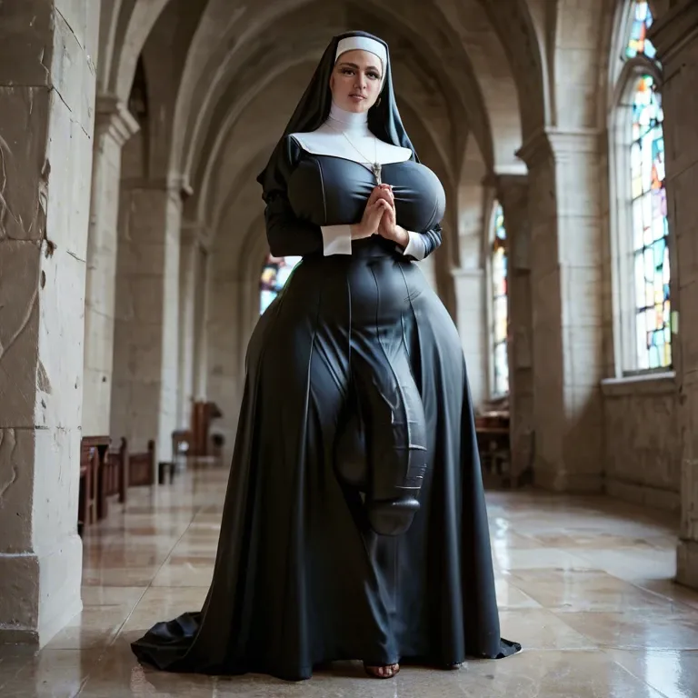 Nun,Huge ass, wide hips, thick thighs, huge breasts,breasts bigger than head, futanari , massive cock, huge balls ,flaccid,  huge bulge, ankle long skirt, full body view, standing, praying, , horny