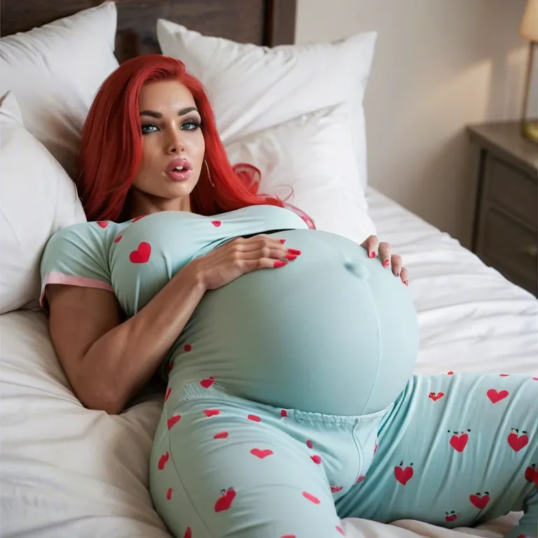 Laying in bed on thier back, tight pajamas, giant pregnant belly, veins,  belly close up, bimbo, red hair, femboy