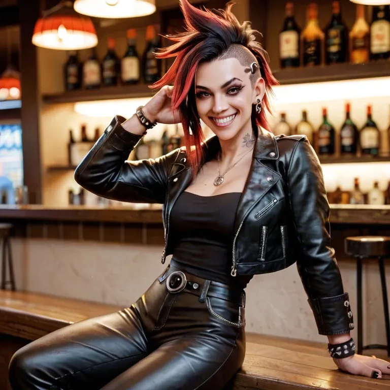 Female punk rocker, leather jacket, Japanese, leather trousers, pub, friendly, smiling, flirting, 1girl solo