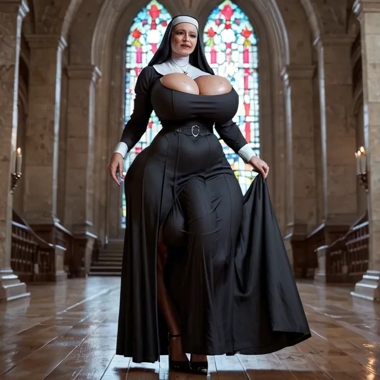 Milf,Nun,Huge ass, wide hips, thick thighs, huge breasts,breasts bigger than head, futanari , massive cock, huge balls ,flaccid,  huge bulge, ankle long skirt, full body view, standing, praying, , leaking cum on floor, standing in cum puddle