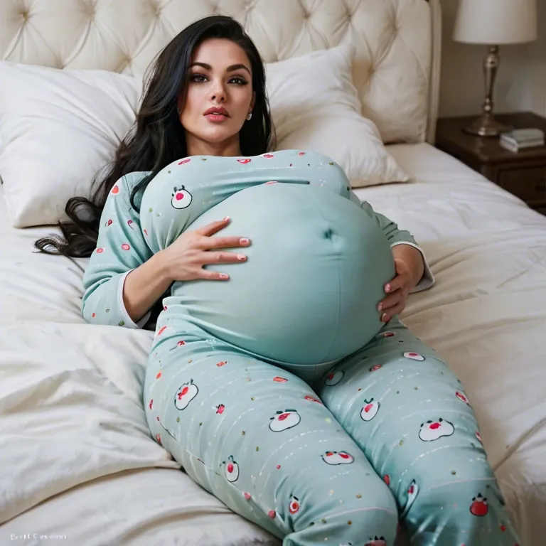 Laying in bed on thier back, tight pajamas,  giant pregnant belly, veins