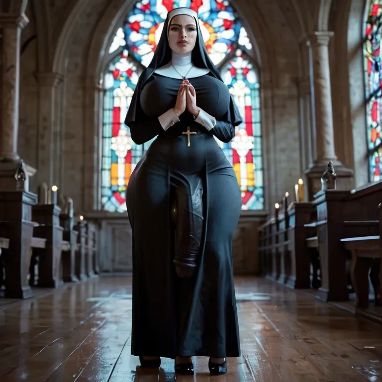 Nun,Huge ass, wide hips, thick thighs, huge breasts,breasts bigger than head, futanari , massive cock, huge balls ,flaccid,  huge bulge, ankle long skirt, full body view, standing, praying, , leaking cum on floor, standing in cum puddle